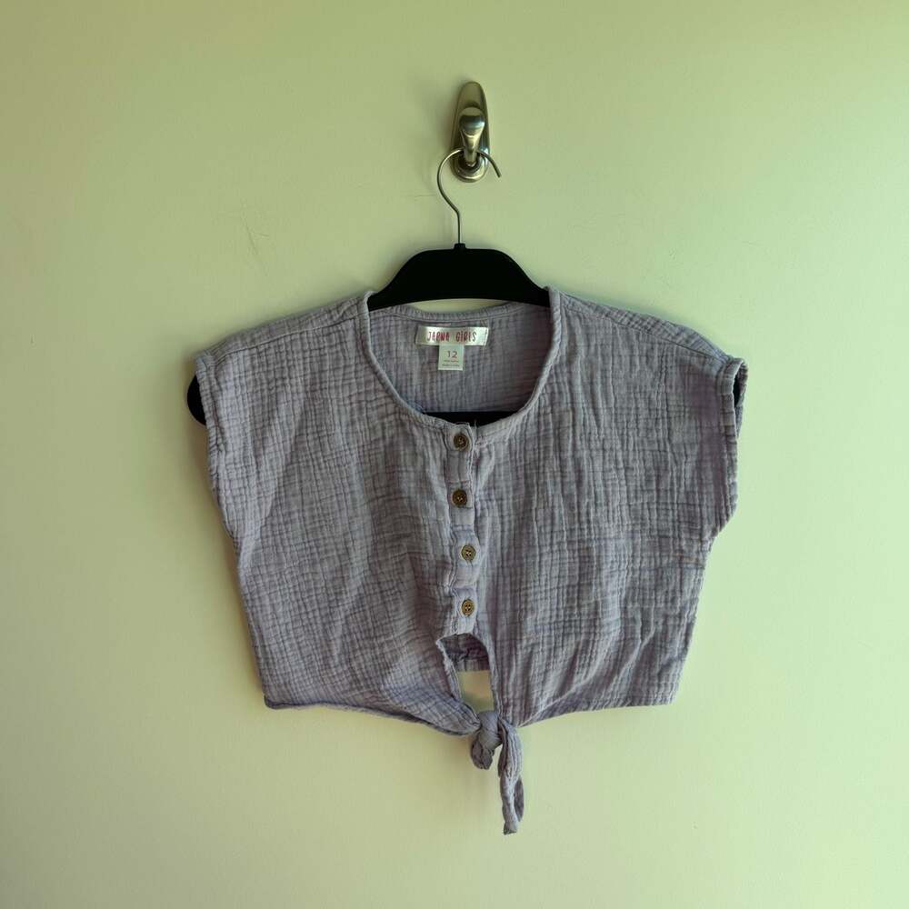 Japna Girls Lavender Cotton Gauze Tie-Front Cropped Button-Up Top